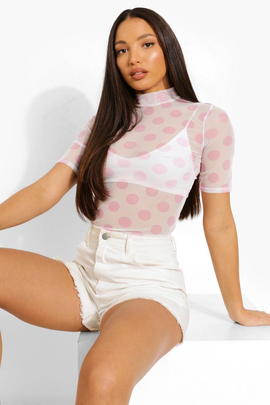 Pink Tall Mesh Polka Dot Short Sleeve Bodysuit image number 1