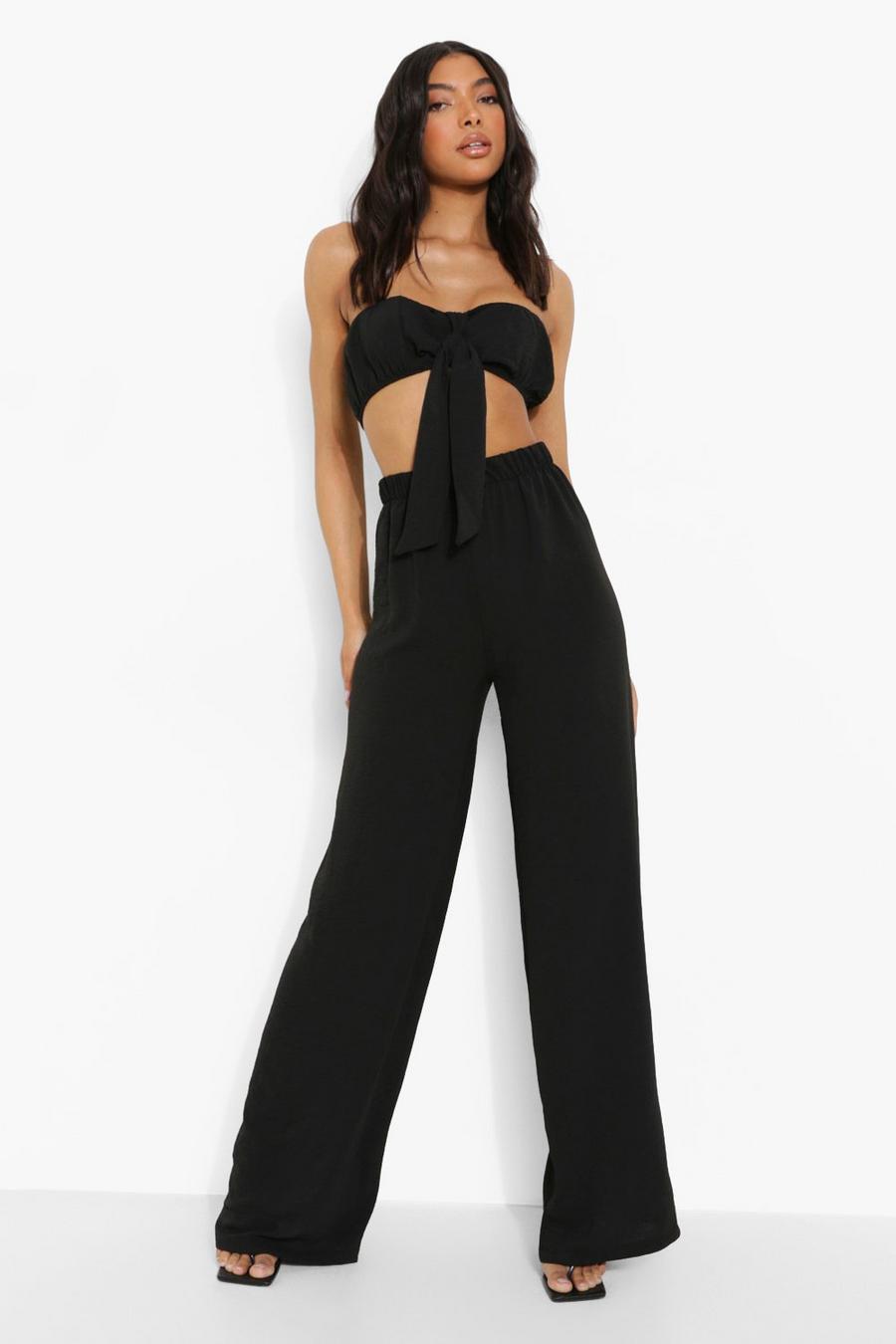Black Tall Linen Look Tie Bandeau Pants Co-Ord image number 1