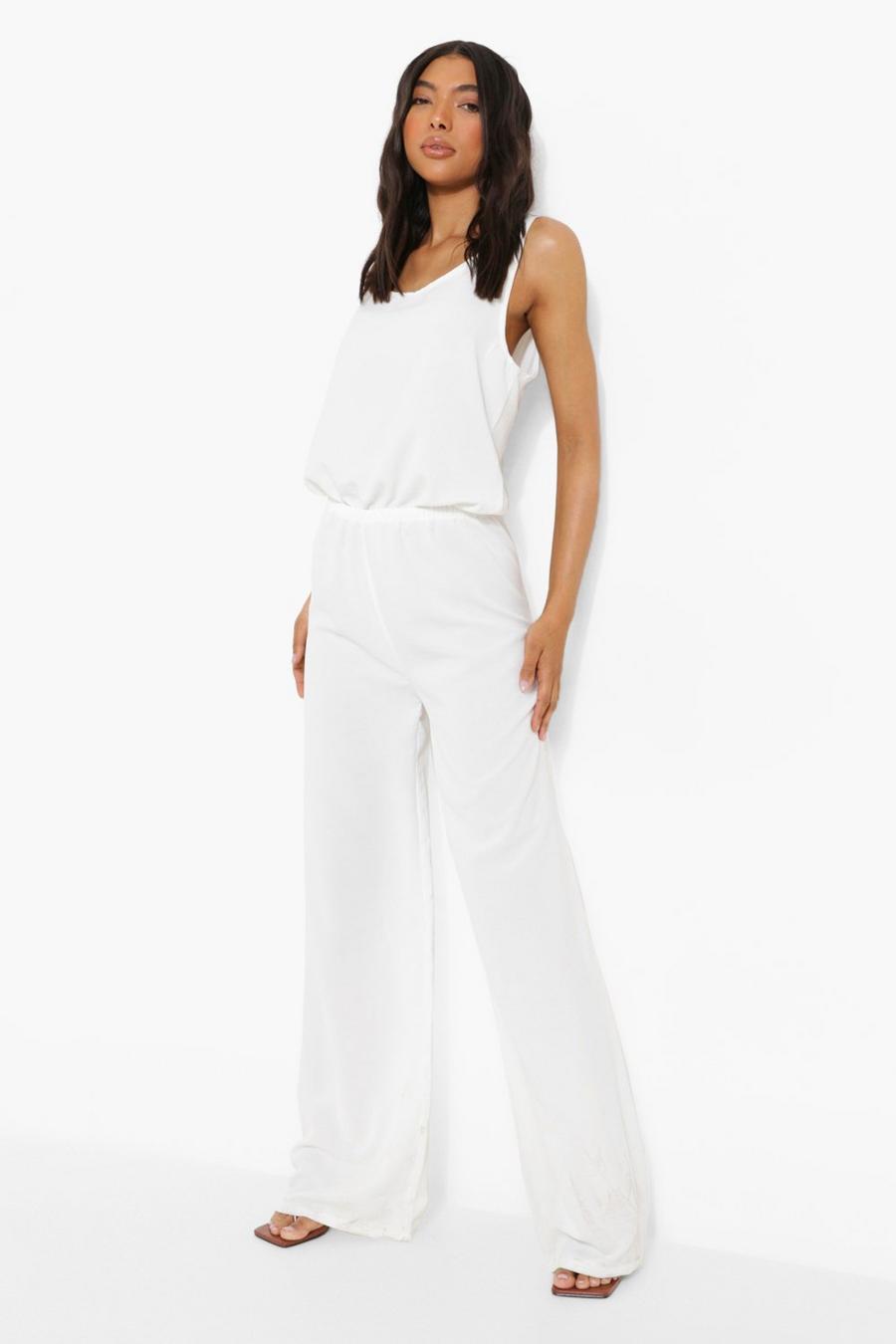 White Tall Linen Look Scoop Wide Leg Jumpsuit image number 1