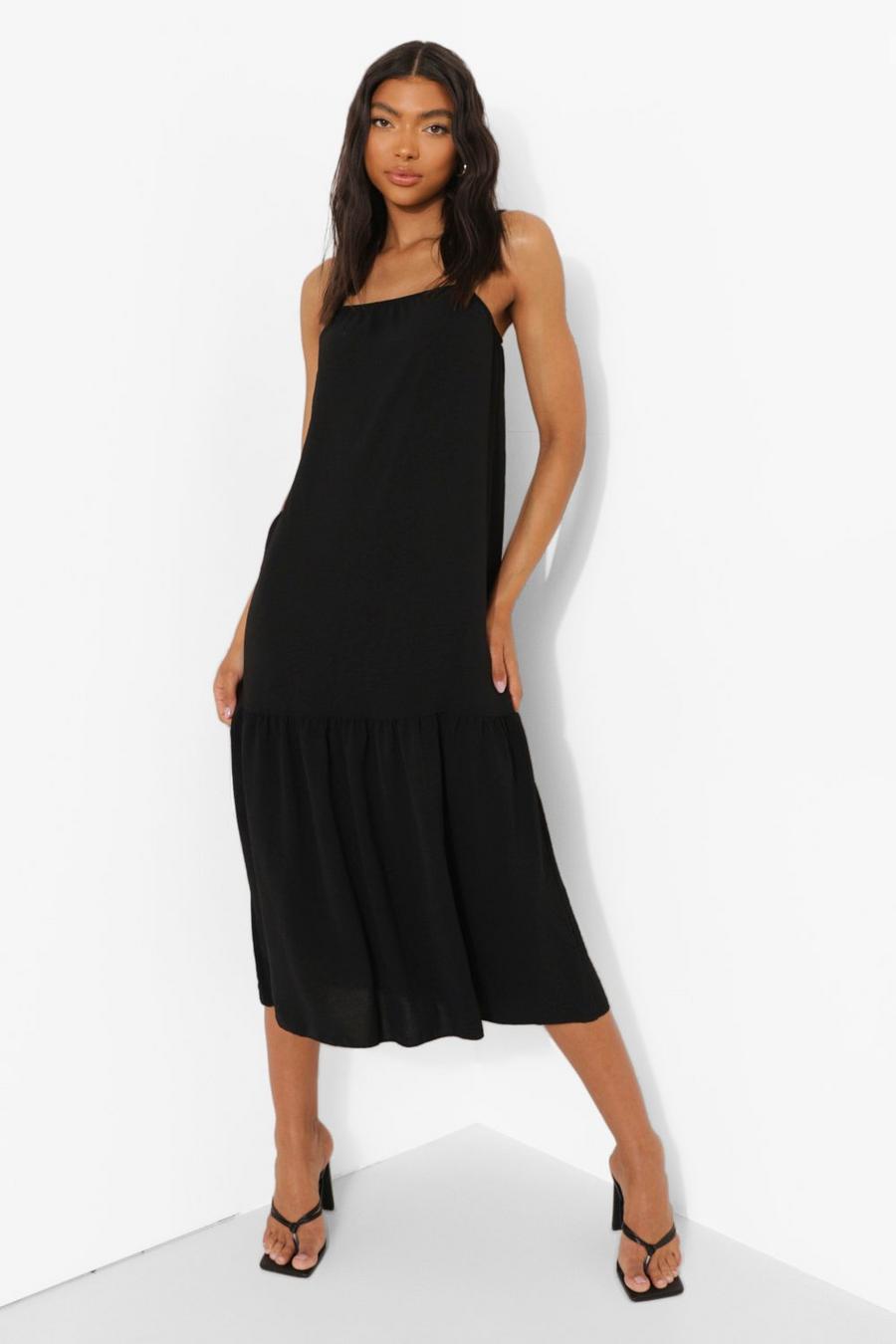 Black Tall Linen Look Strappy Midi Smock Dress image number 1