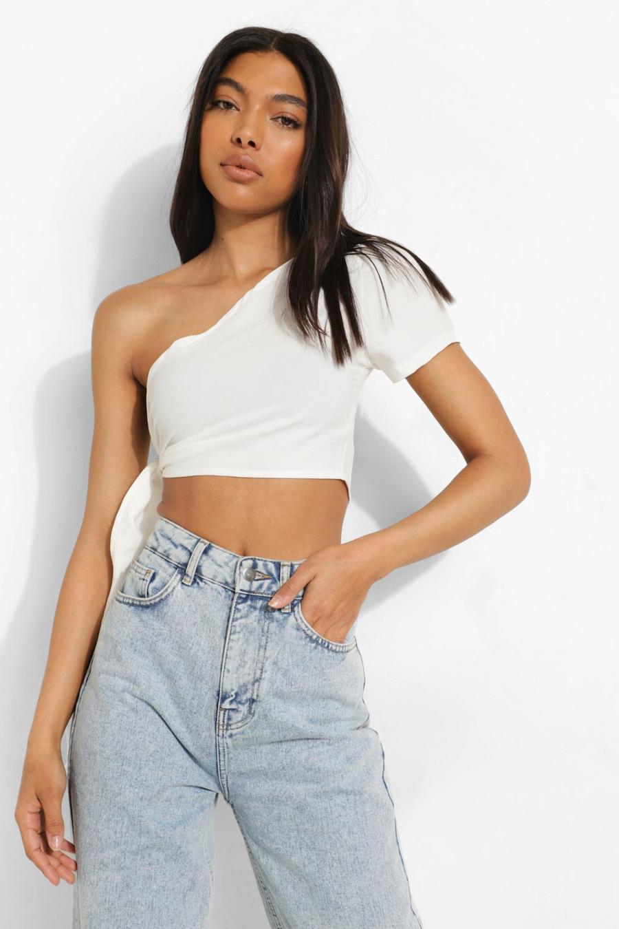 White Tall Linen Look Tie Side Asymmetric Crop Top image number 1