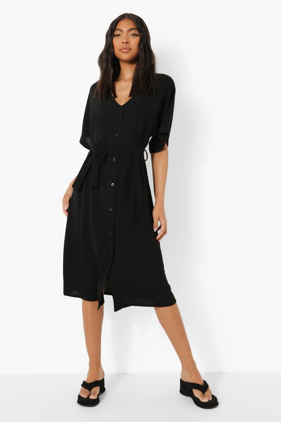 Black Tall Linen Look Belted Midi Dress image number 1