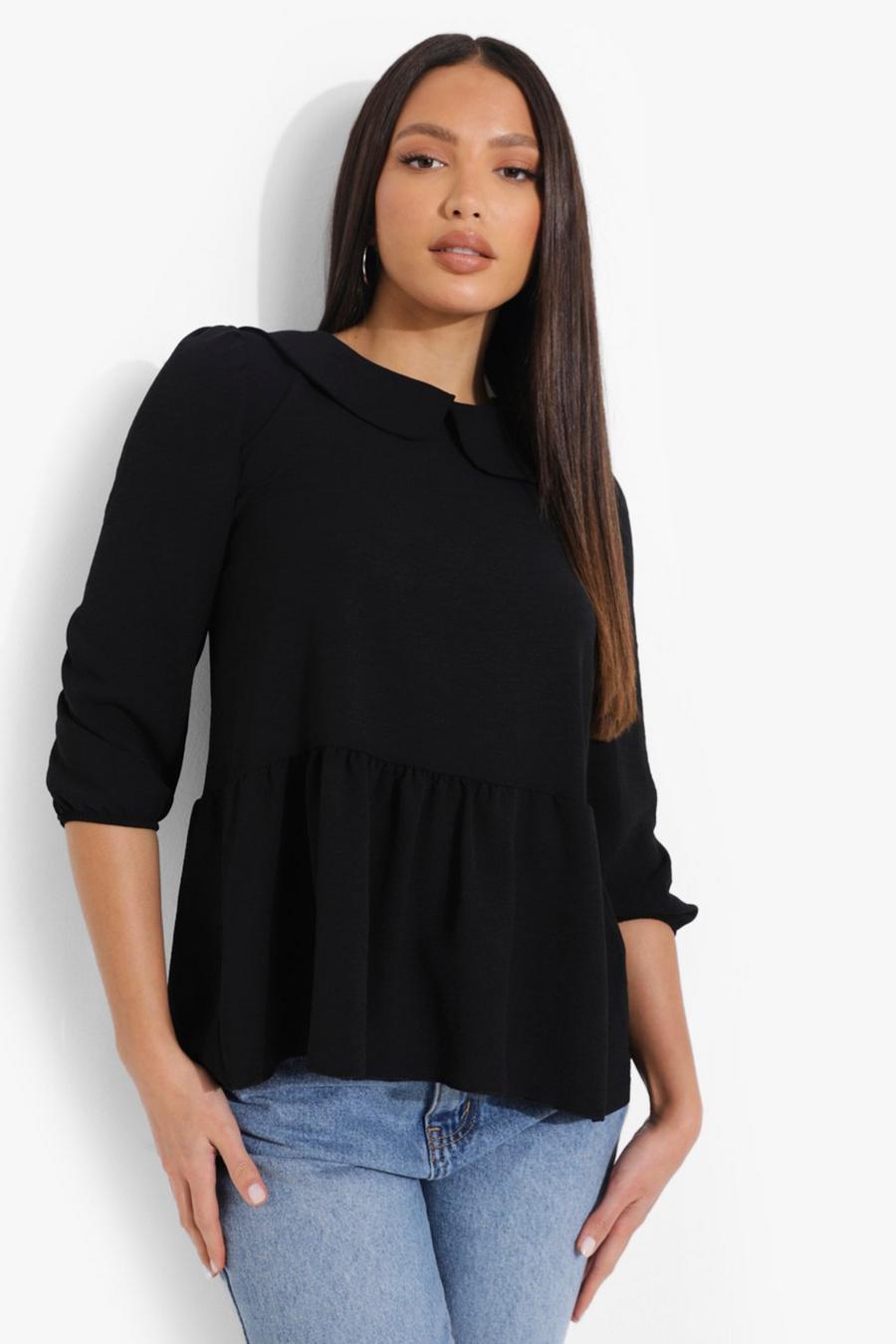 Top estilo blusón con cuello de efecto lino Tall, Negro image number 1