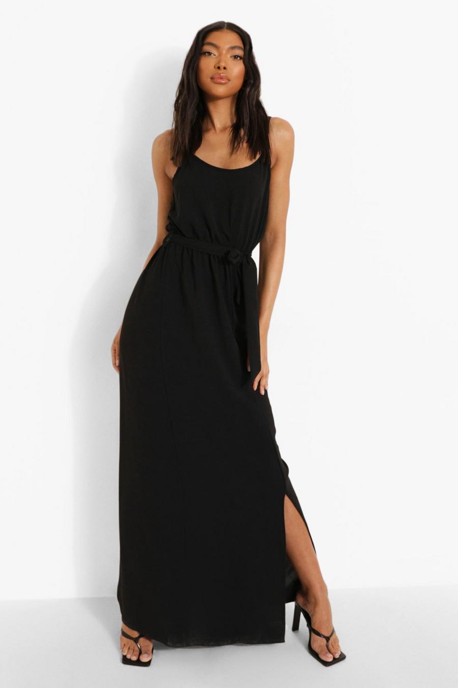 Black Tall Linen Look Belted Split Maxi Dress image number 1