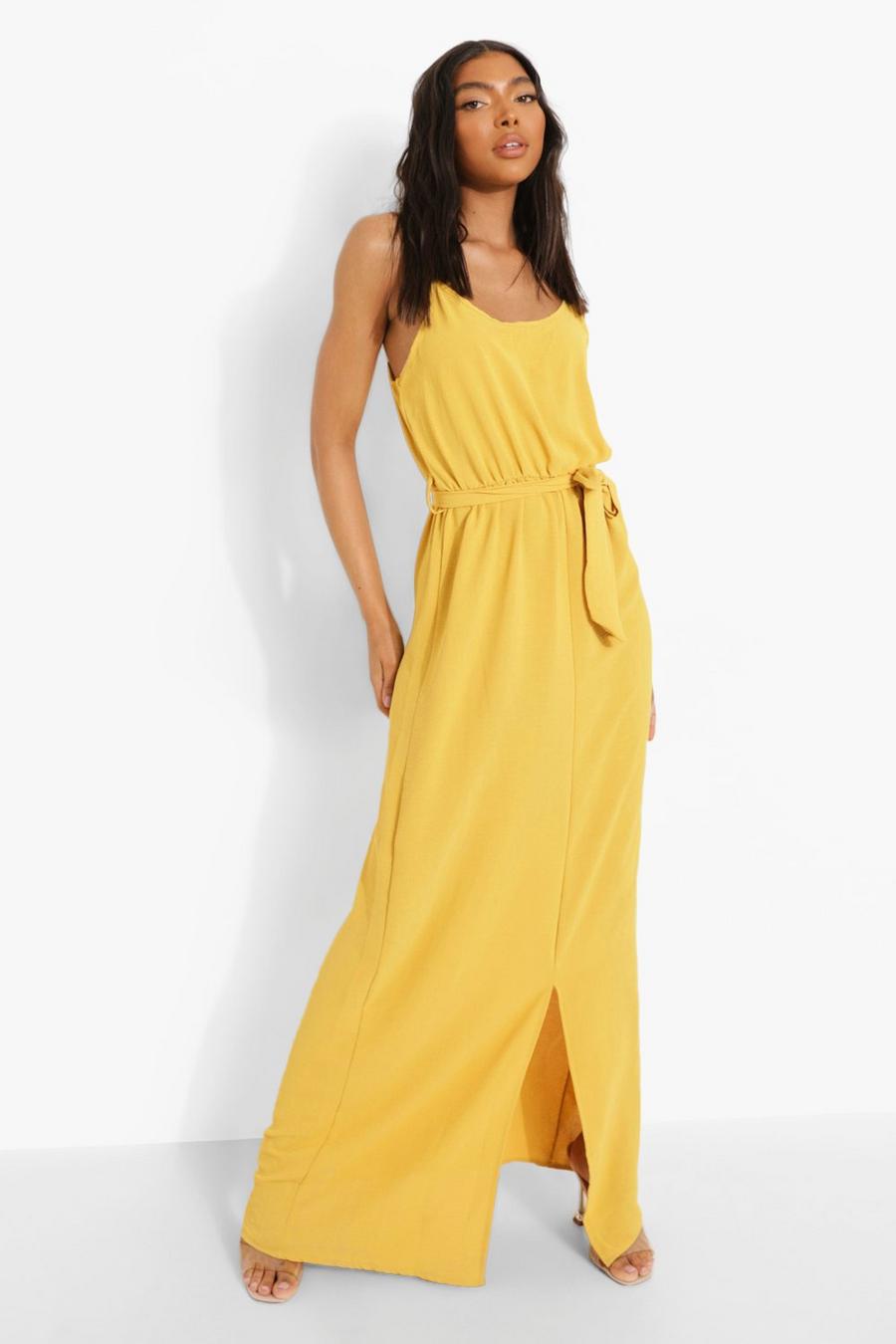 Mustard gul Tall Linen Look Belted Split Maxi Dress image number 1