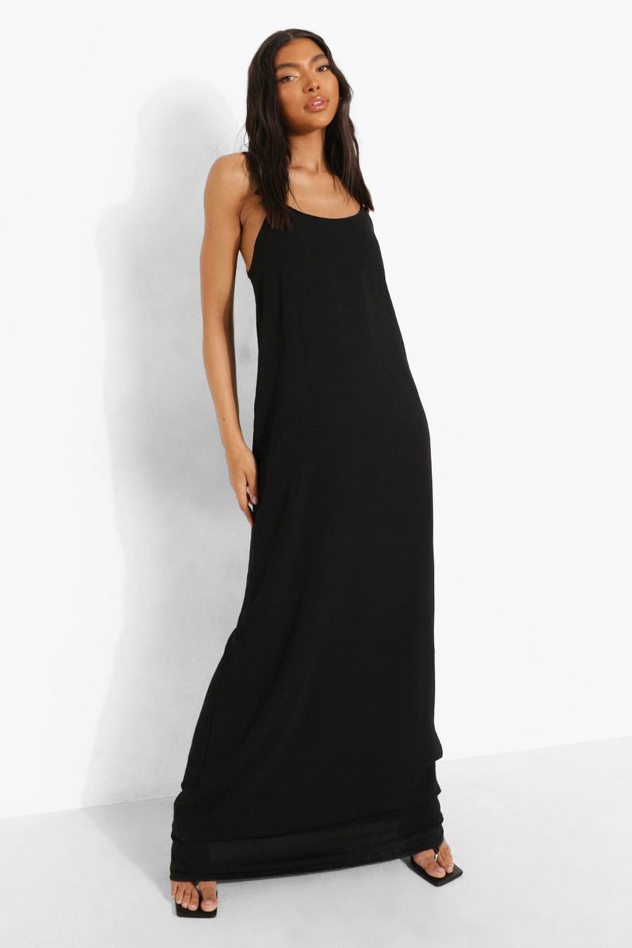 שחור שמלת מקסי במראה פשתן עם רצועות סורגים בגב לנשים גבוהות image number 1