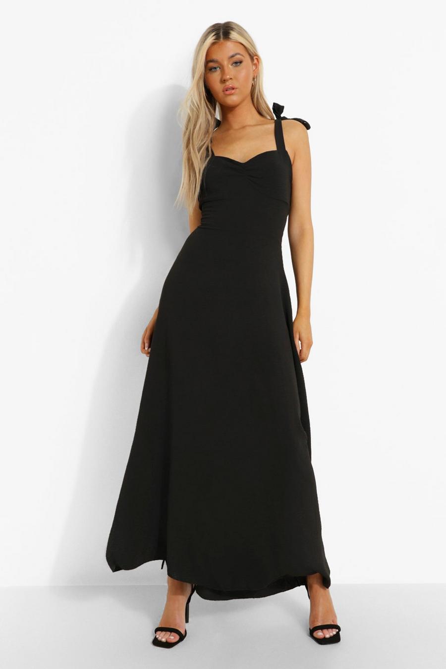 שחור שמלת מקסי במראה פשתן עם קשירת מחוך לנשים גבוהות image number 1