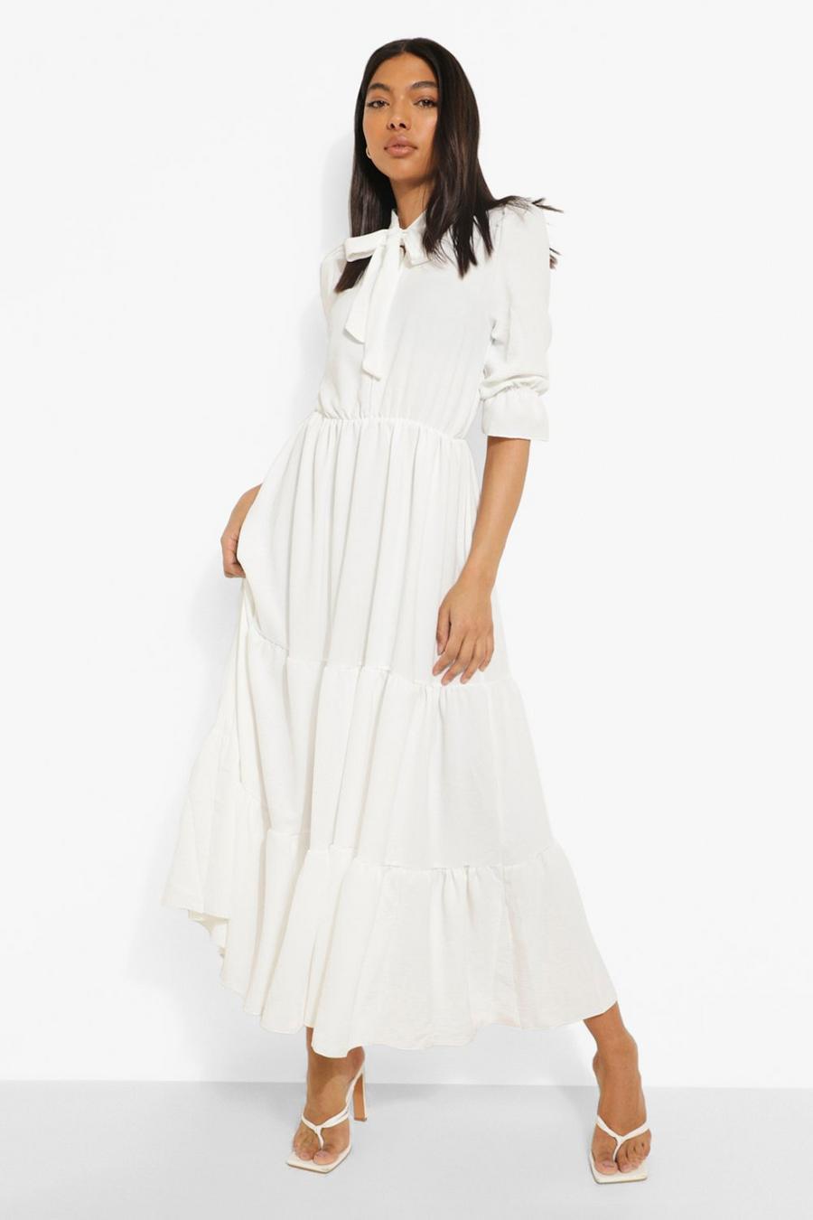 White Tall Linen Look Tie Neck Midaxi Dress image number 1