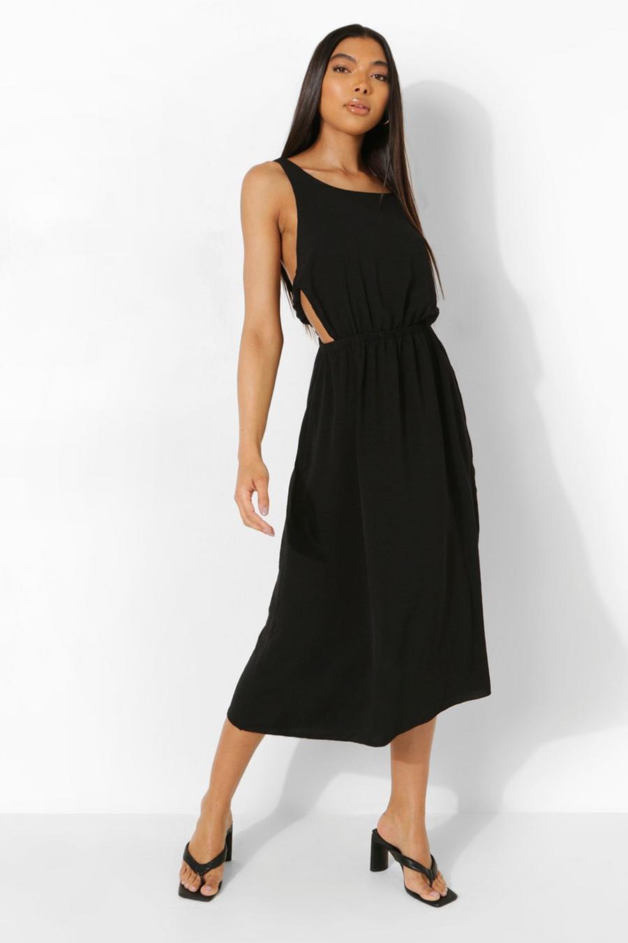 Black Tall Linen Look Open Back Midi Dress image number 1