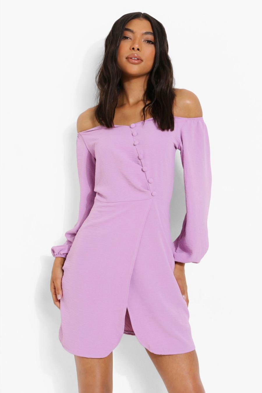 Lilac Tall Linen Look Button Off The Shoulder Mini Dress image number 1