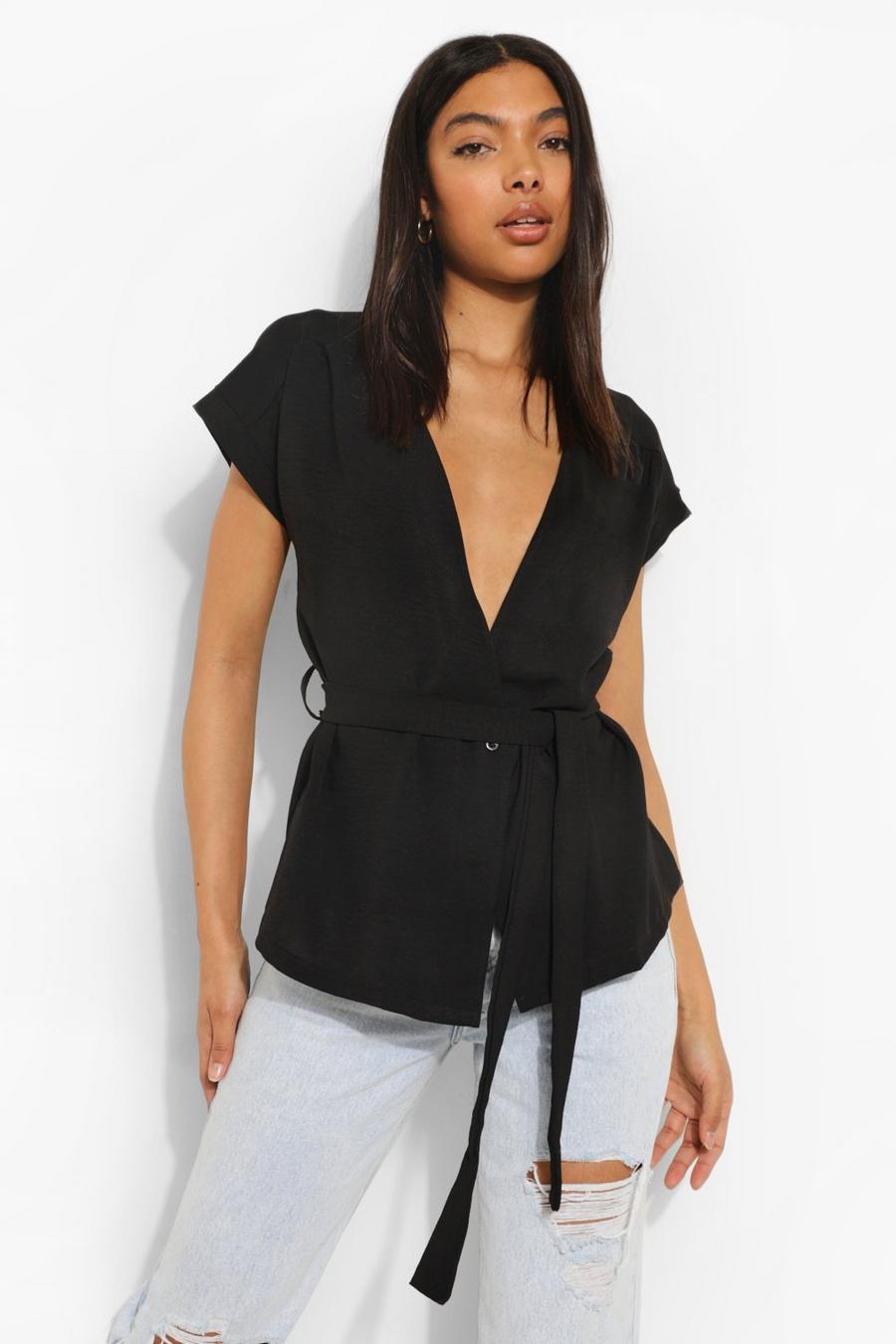 Black Tall Linen Look Belted Wrap Blouse image number 1