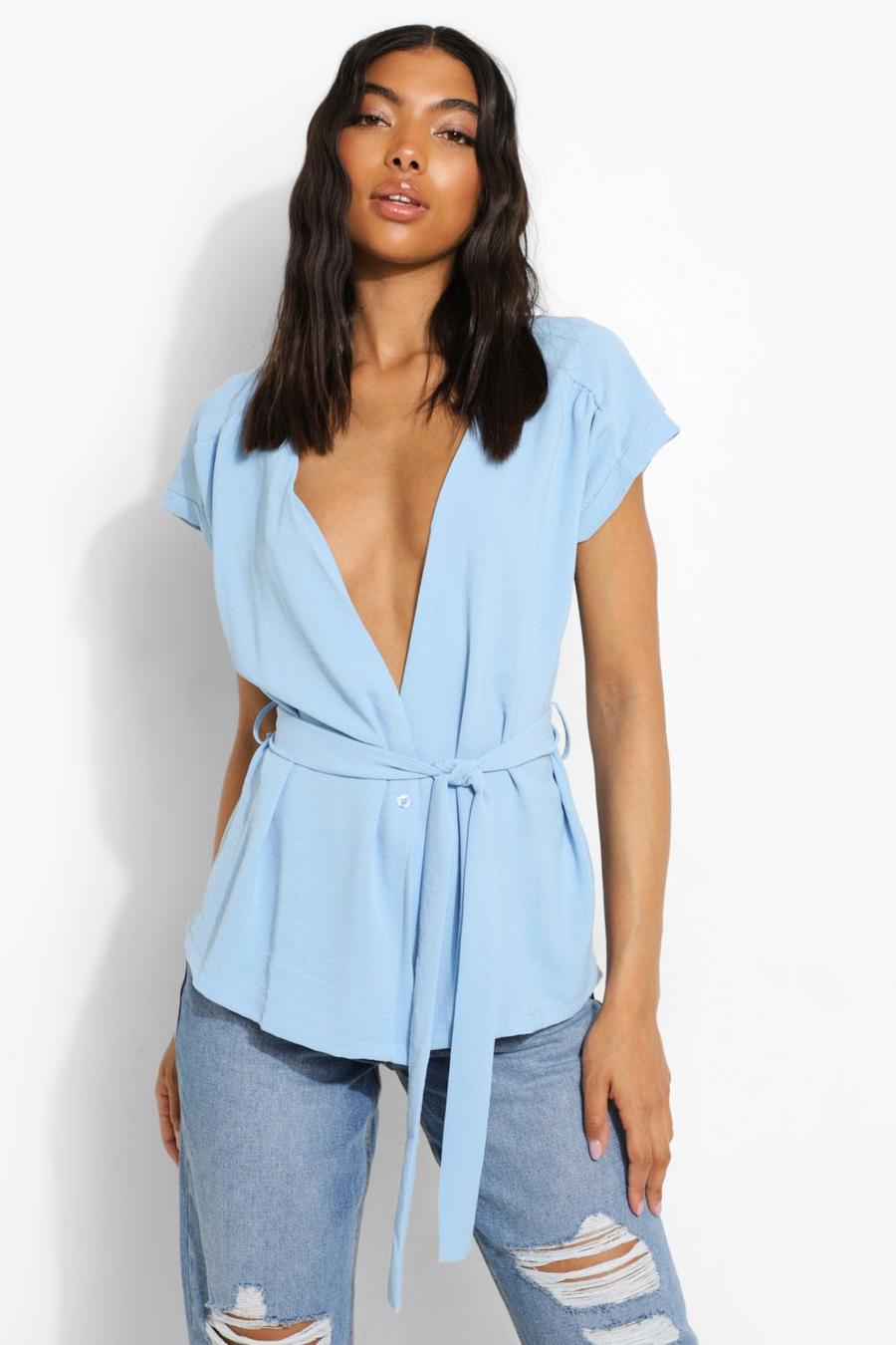 Blue Tall Linen Look Belted Wrap Blouse image number 1