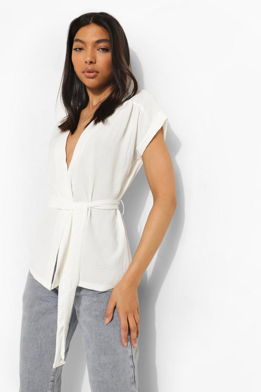 White Tall Linen Look Belted Wrap Blouse image number 1