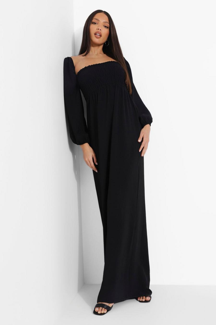 Black Tall Linen Look Shirred Puff Maxi Dress image number 1