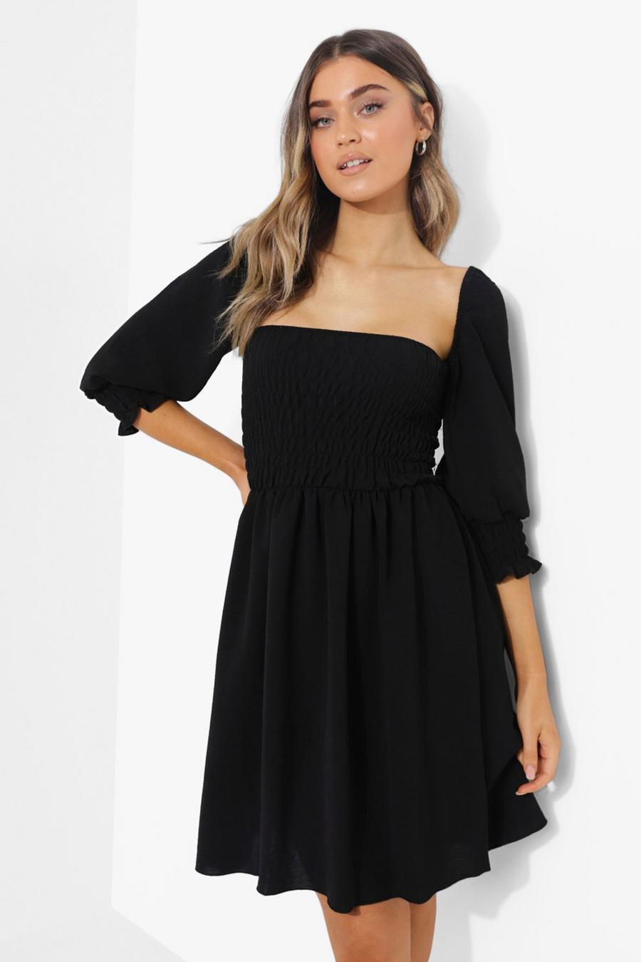 Black Tall Linen Look Shirred Puff Mini Dress image number 1