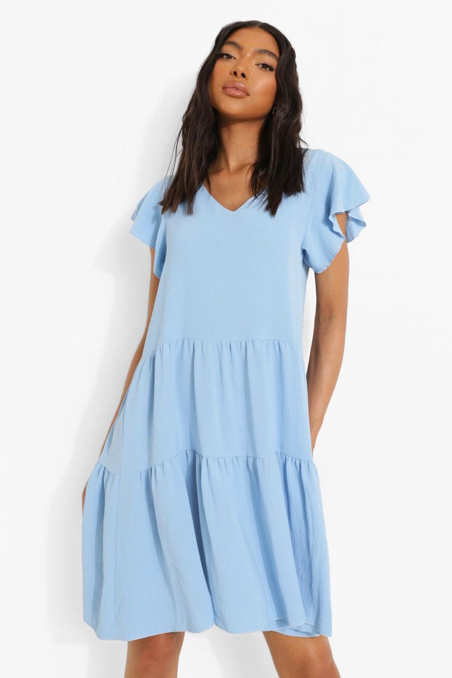 Tall Leinen Look Smok-Kleid mit V-Ausschnitt, Blue image number 1