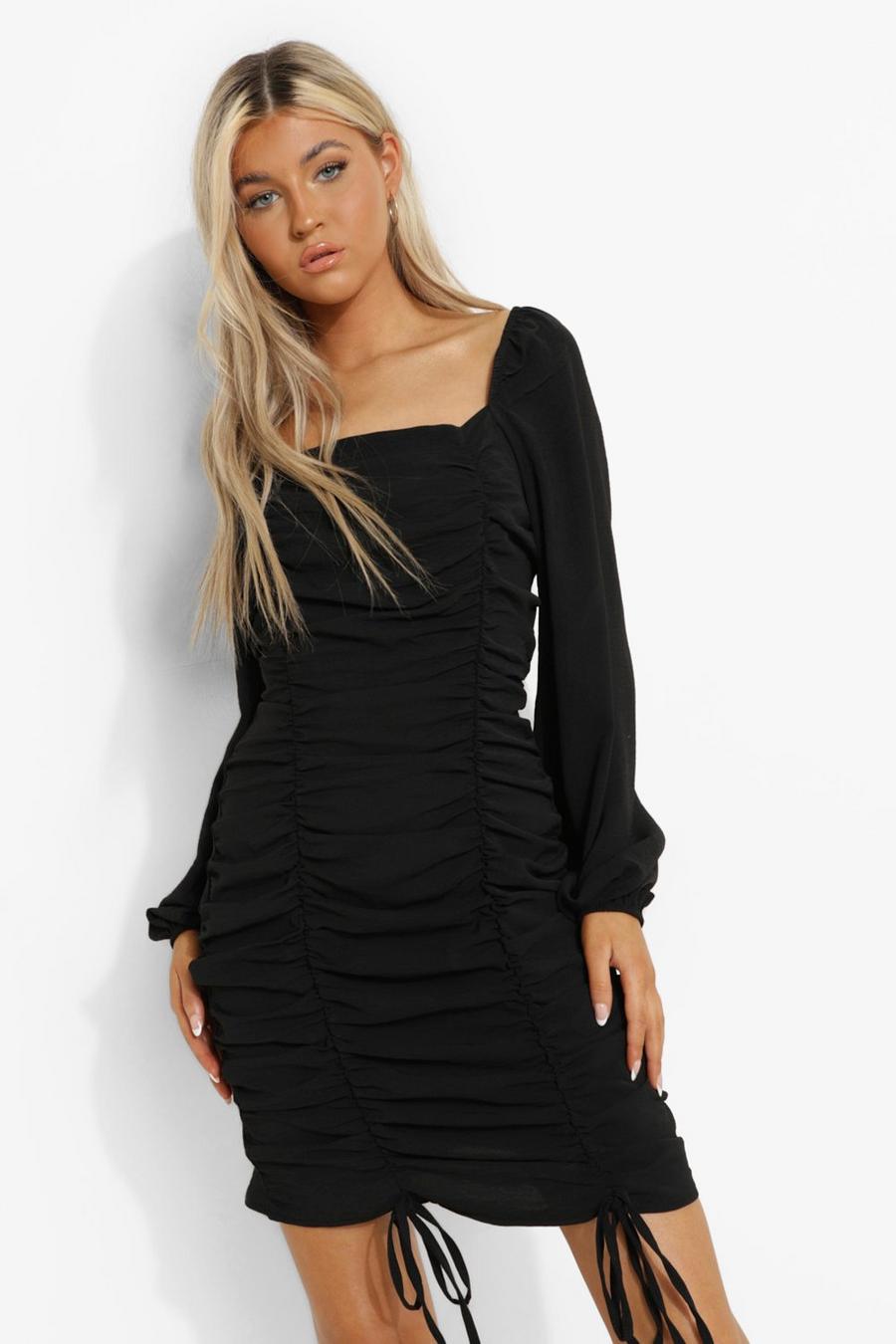 Black Tall Linen Look Ruched Mini Dress image number 1