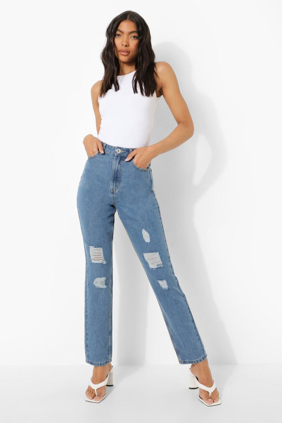 Mid blue Tall Rise Super Distressed Boyfriend Jeans image number 1