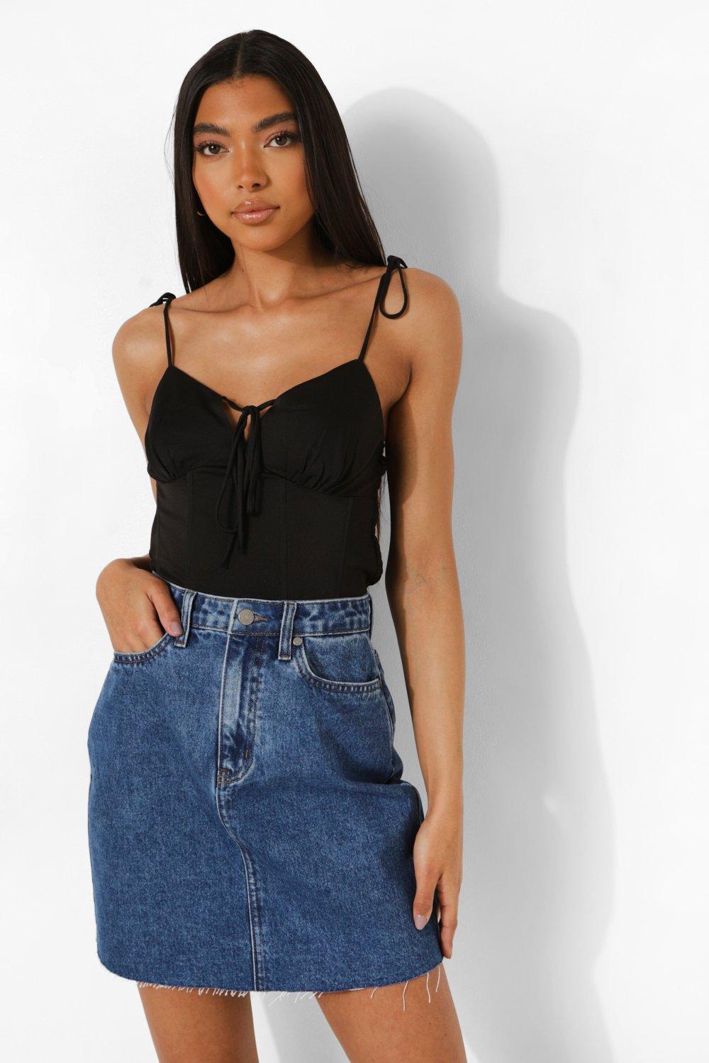 Black denim skirt raw hem deals