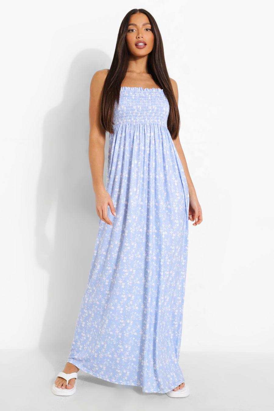 Baby blue Tall Ditsy Floral Shirred Bandeau Maxi Dress image number 1