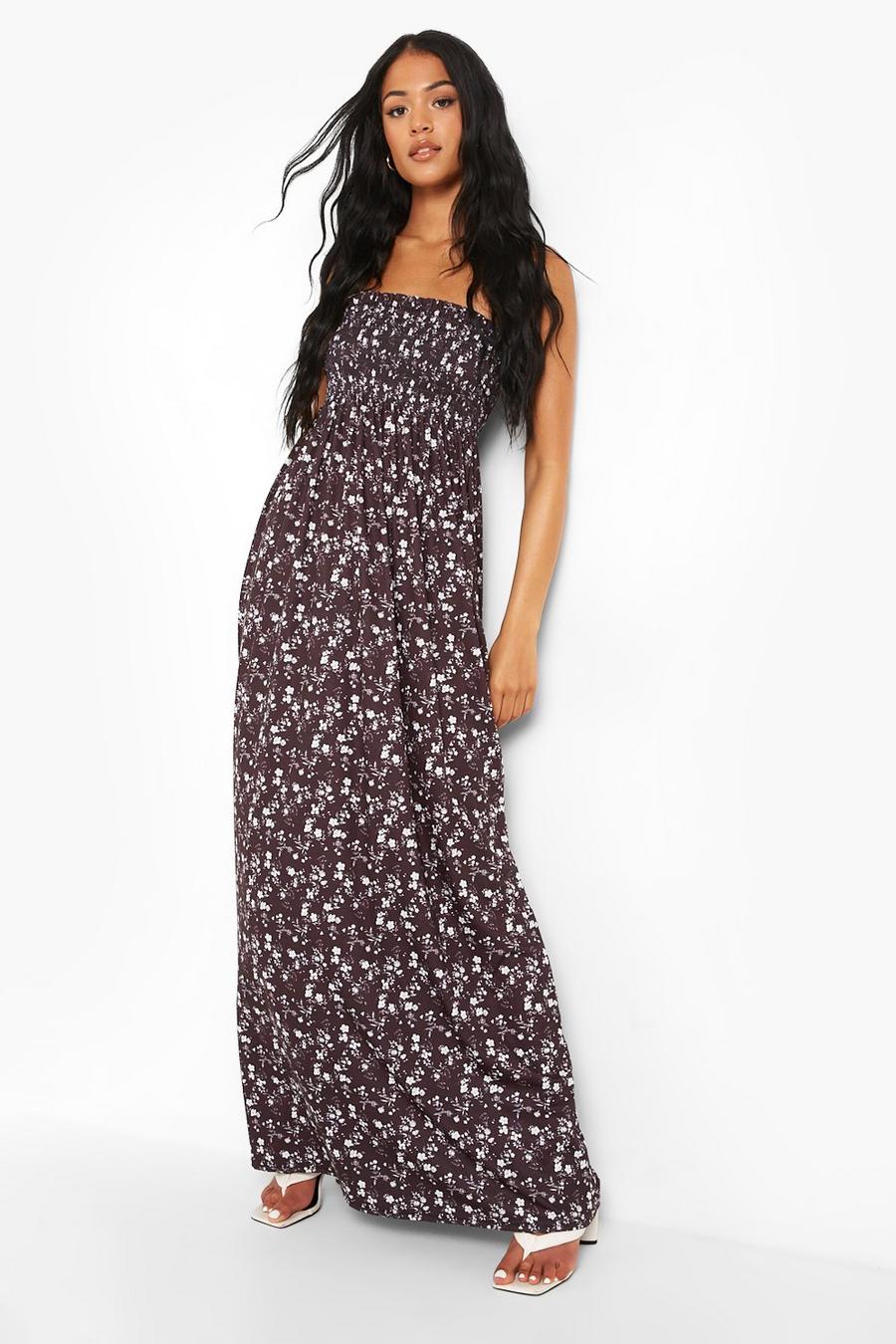 Black Tall Ditsy Floral Shirred Bandeau Maxi Dress image number 1