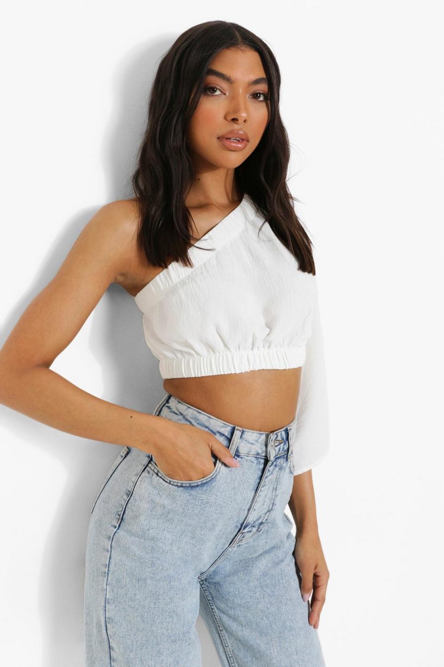 White Tall Linen Look Puff Asymmetric Crop Top image number 1