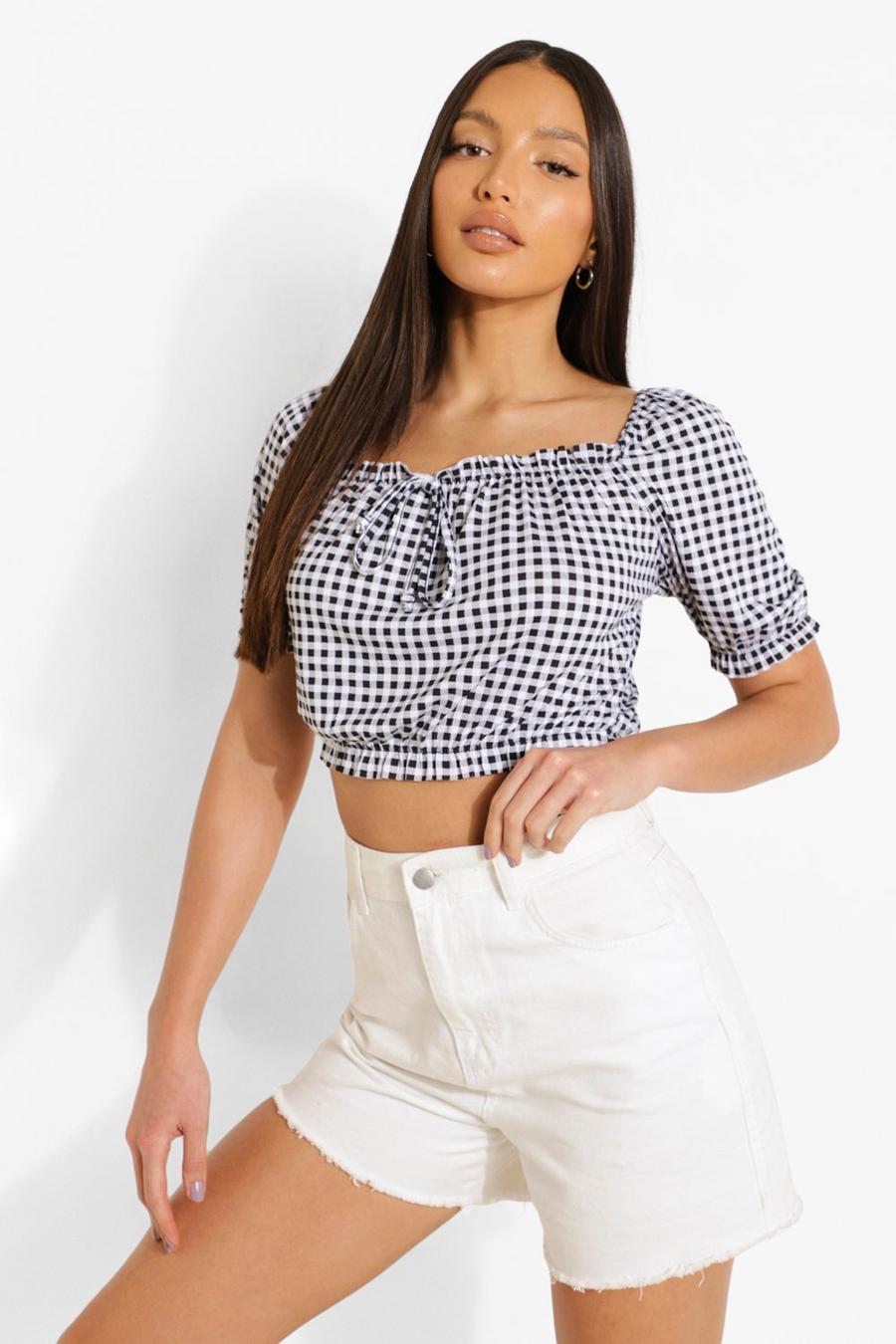 Black Tall Gingham Puff Sleeve Square Neck Crop Top image number 1