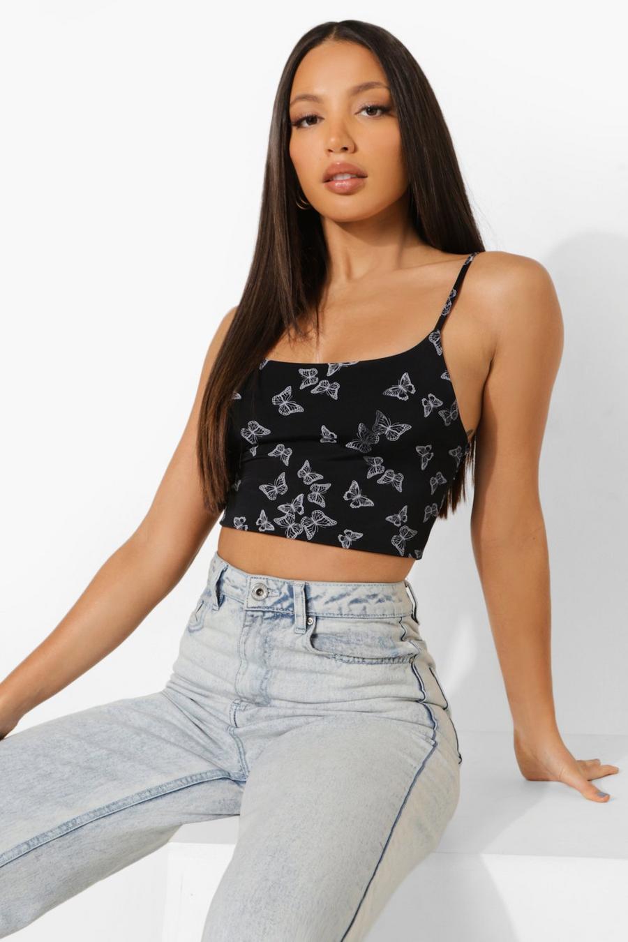 Black Tall Butterfly Print Strappy Crop Top image number 1