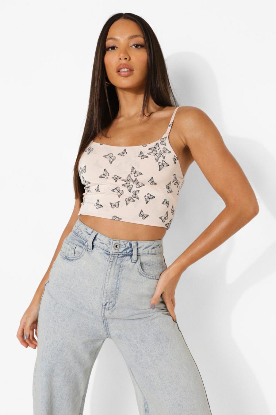 Blush Tall Butterfly Print Strappy Crop Top image number 1