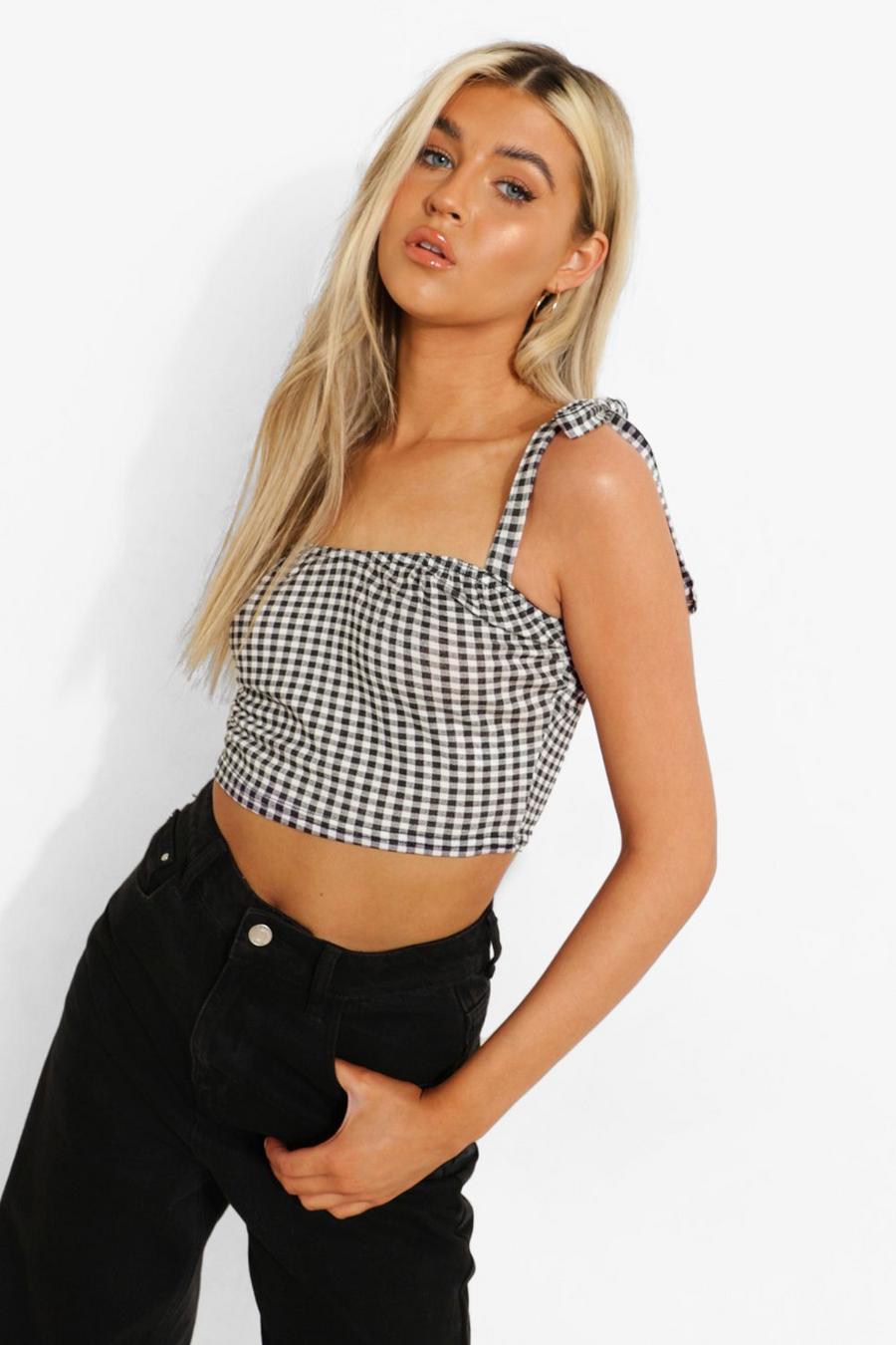 Black Tall Gingham Style Crop Top image number 1