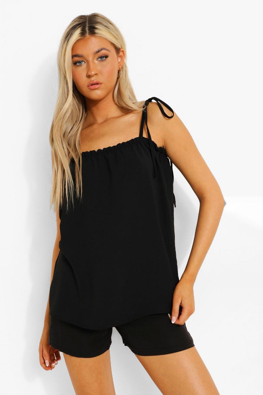 Black Tall Linen Look Gathered Edge Cami Top image number 1