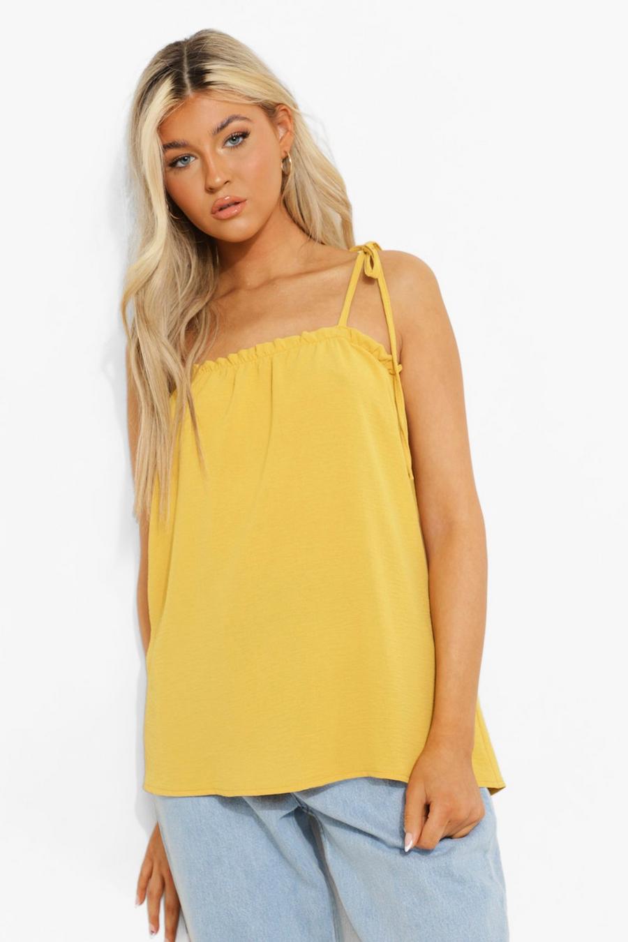 Mustard Tall Linen Look Gathered Edge Cami Top image number 1