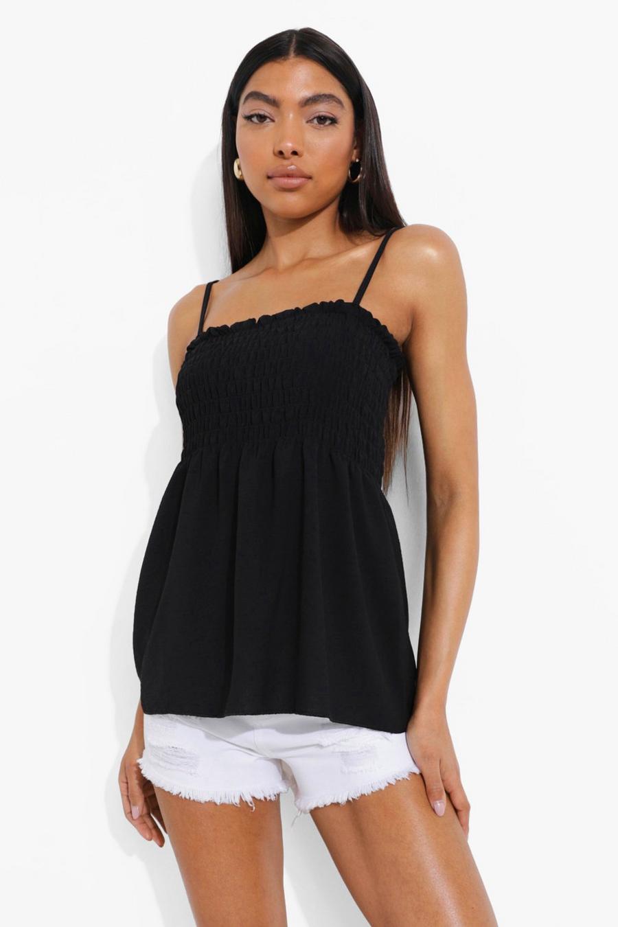 Black Tall Linen Look Shirred Peplum Camisole image number 1
