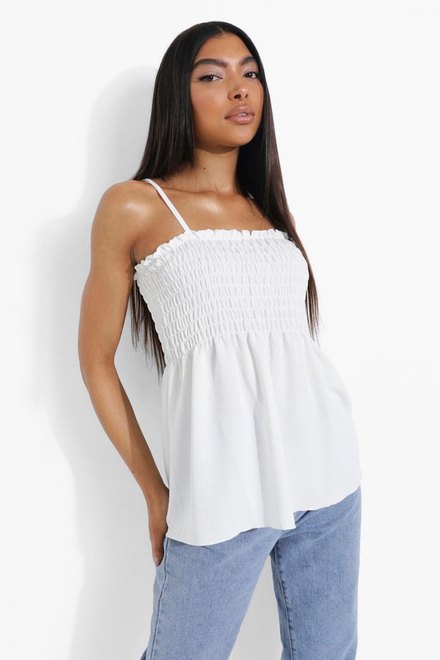 White Tall Linen Look Shirred Peplum Cami Top image number 1