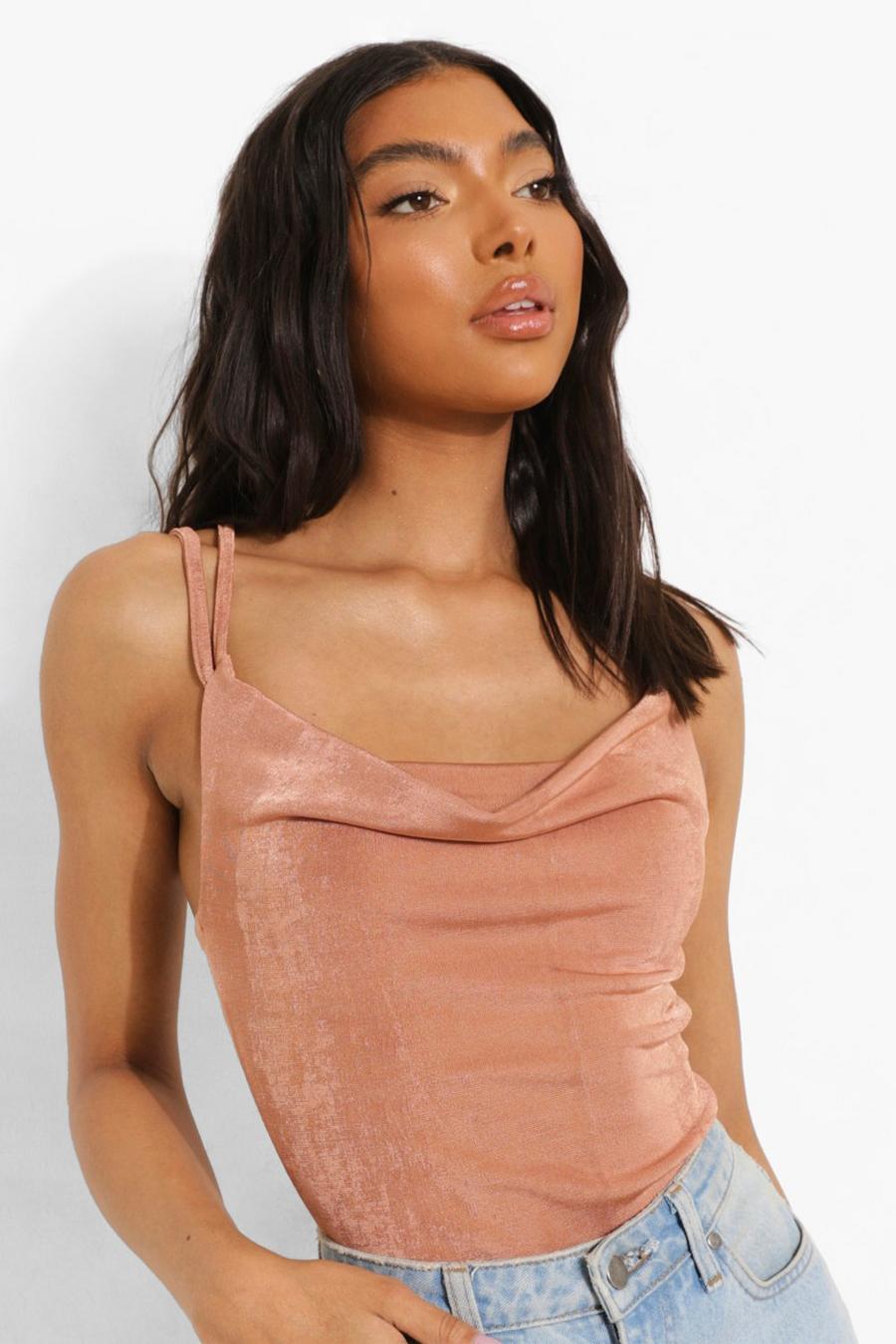 Caramel Tall Cowl Neck Strappy Bodysuit image number 1