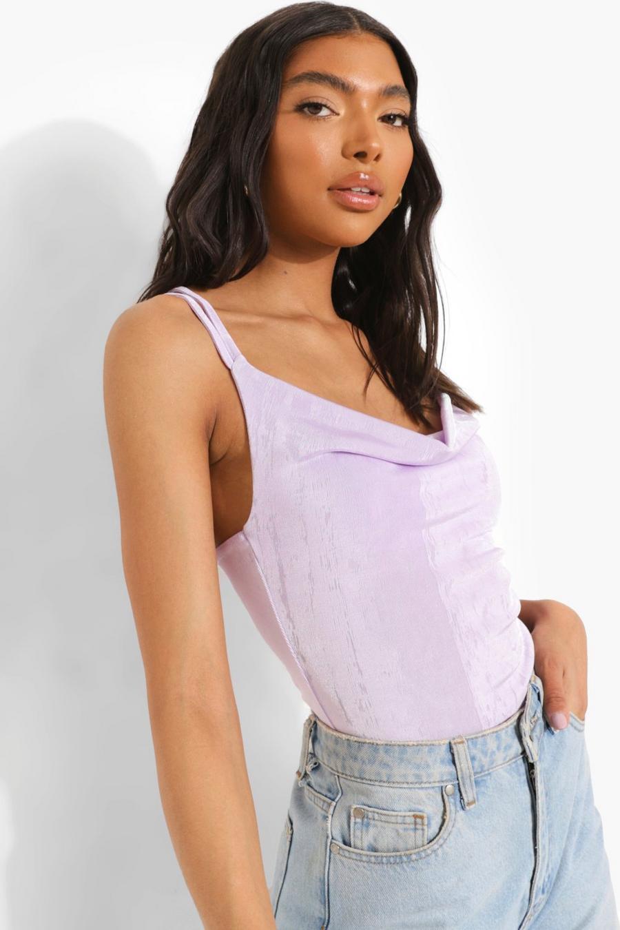 Lilac Tall Cowl Neck Strappy Bodysuit image number 1