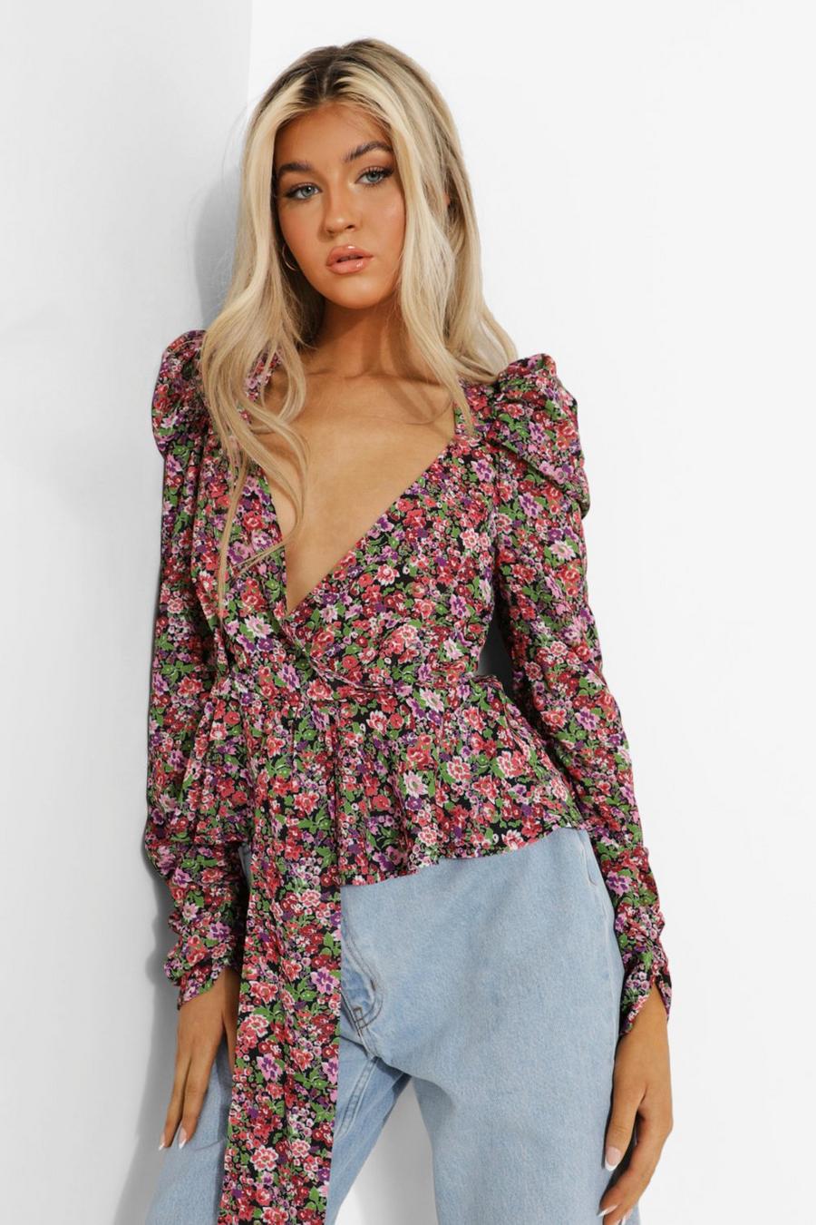 Black Tall Floral Puff Sleeve Blouse image number 1
