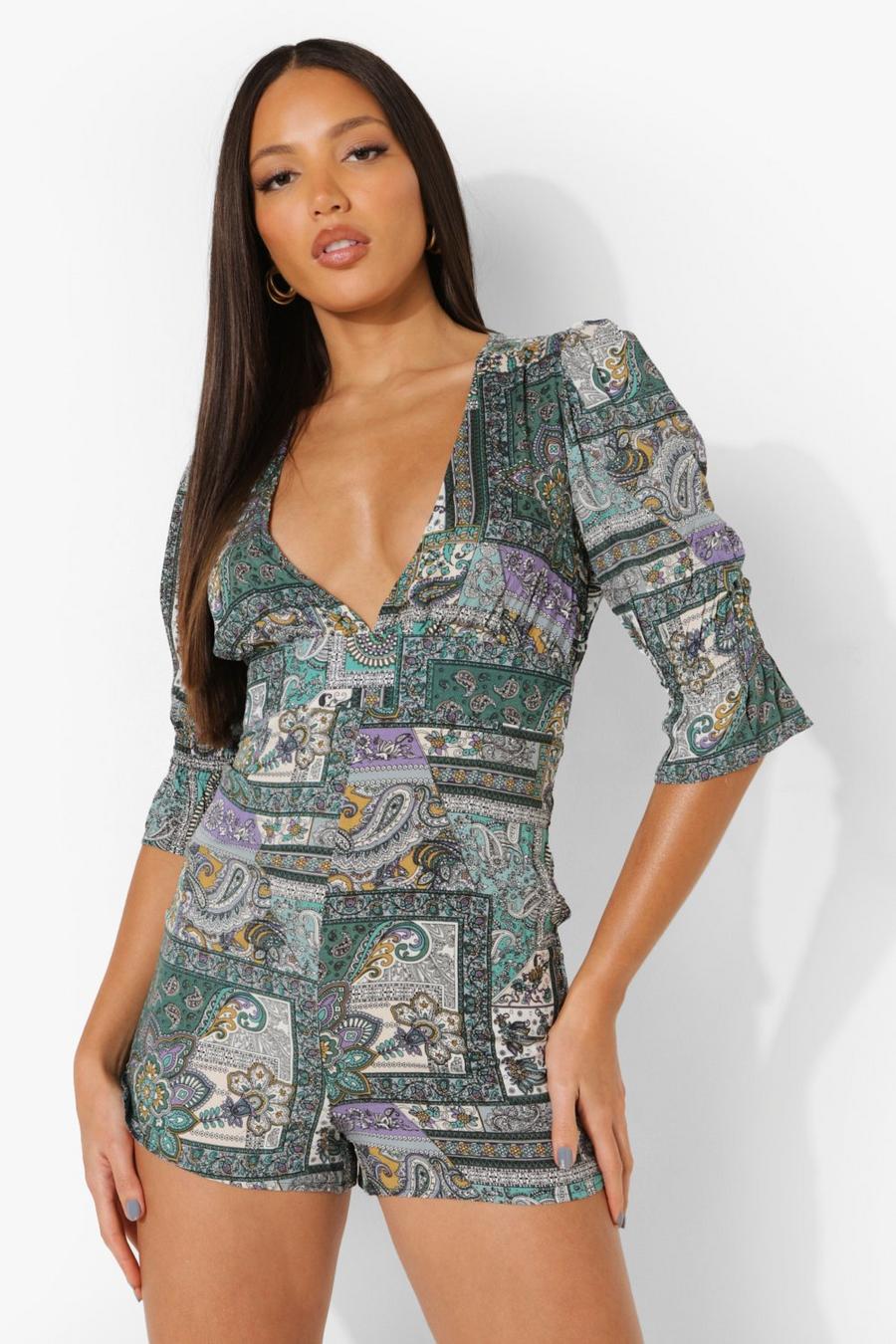 Turquoise Tall Sjaal Print Playsuit Met Pofmouwen image number 1