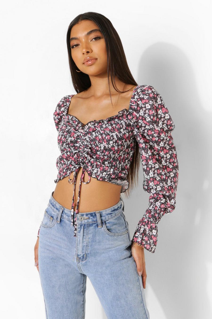 Black Tall Floral Ruched Flare Sleeve Crop Top image number 1