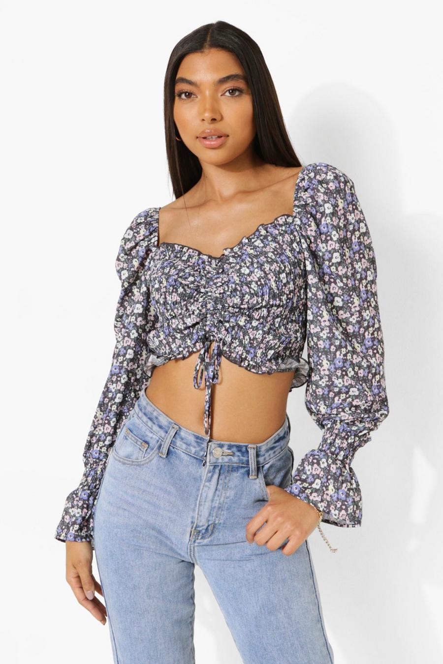 Ivory Tall Floral Ruched Flare Sleeve Crop Top image number 1