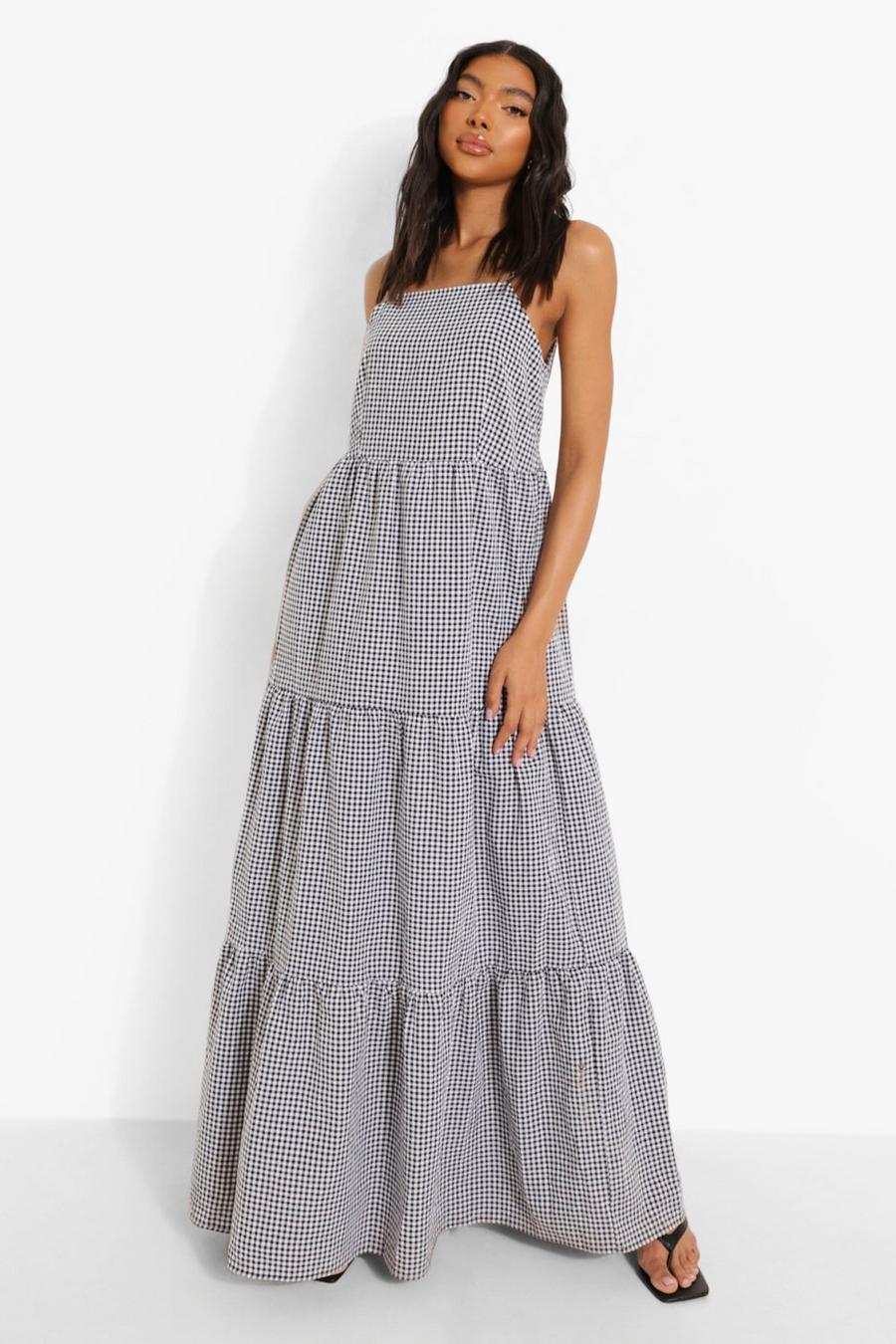 Black Tall Gingham Check Tiered Smock Maxi Dress image number 1