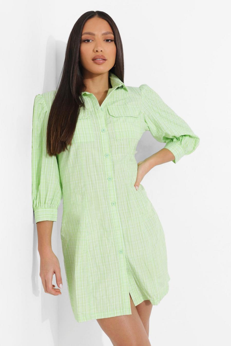 Lime Tall Check Puff Sleeve Mini Shirt Dress image number 1