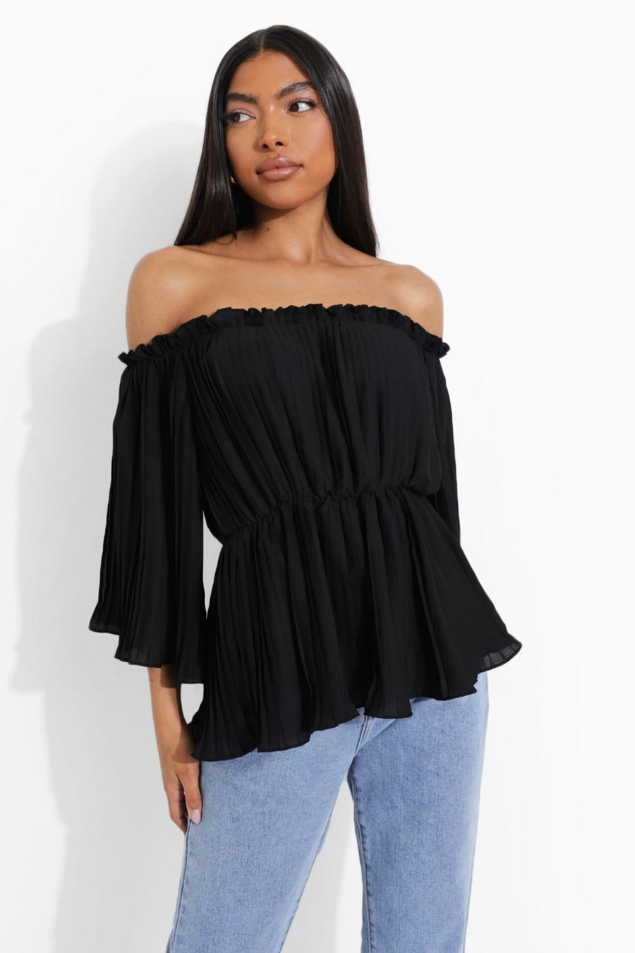 Black Tall Pleated Off The Shoulder Peplum Blouse image number 1