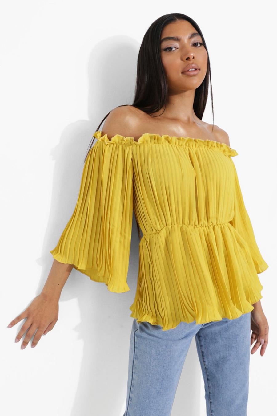 Chartreuse Tall Pleated Off The Shoulder Peplum Blouse image number 1