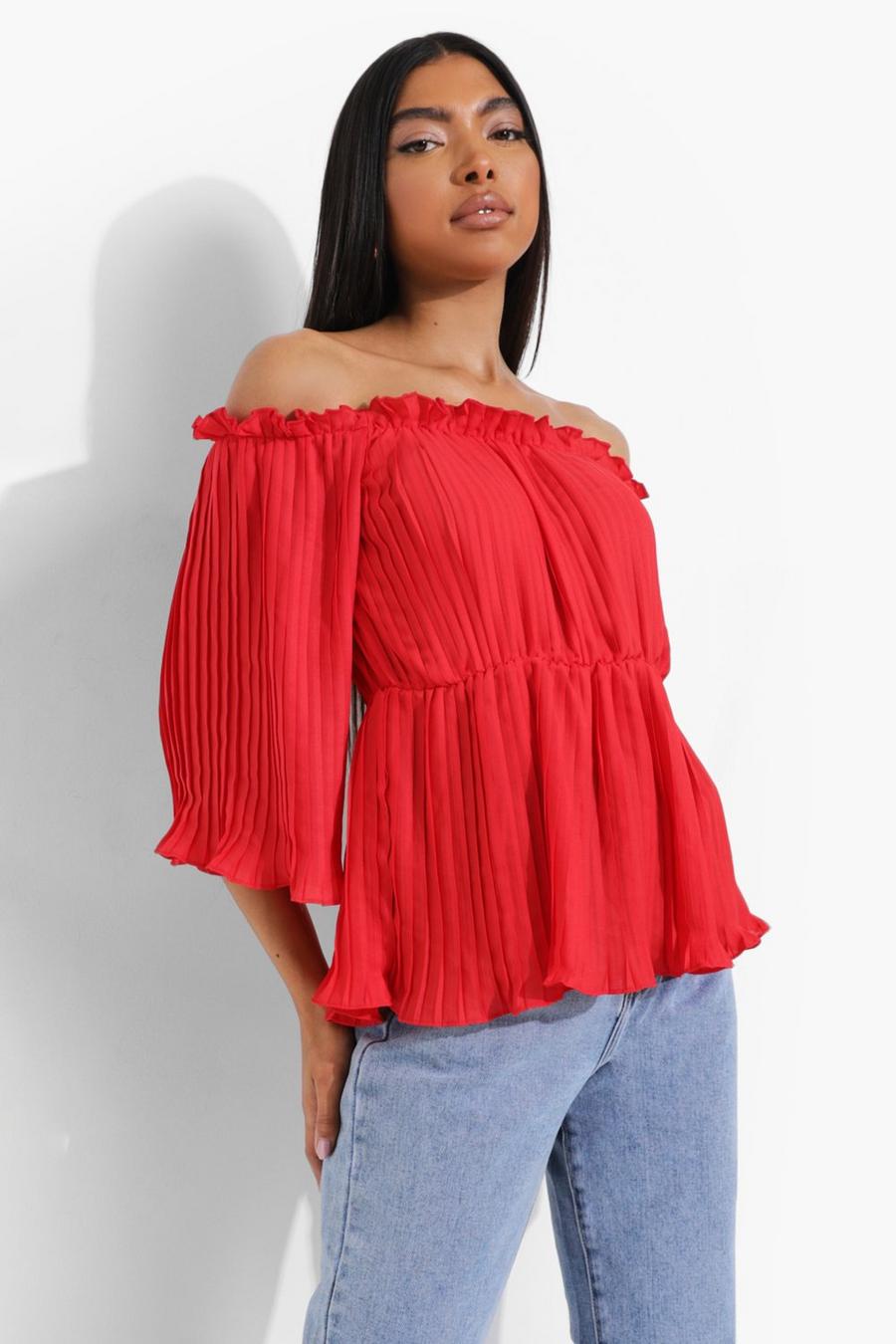 Red Tall Pleated Off The Shoulder Peplum Blouse image number 1