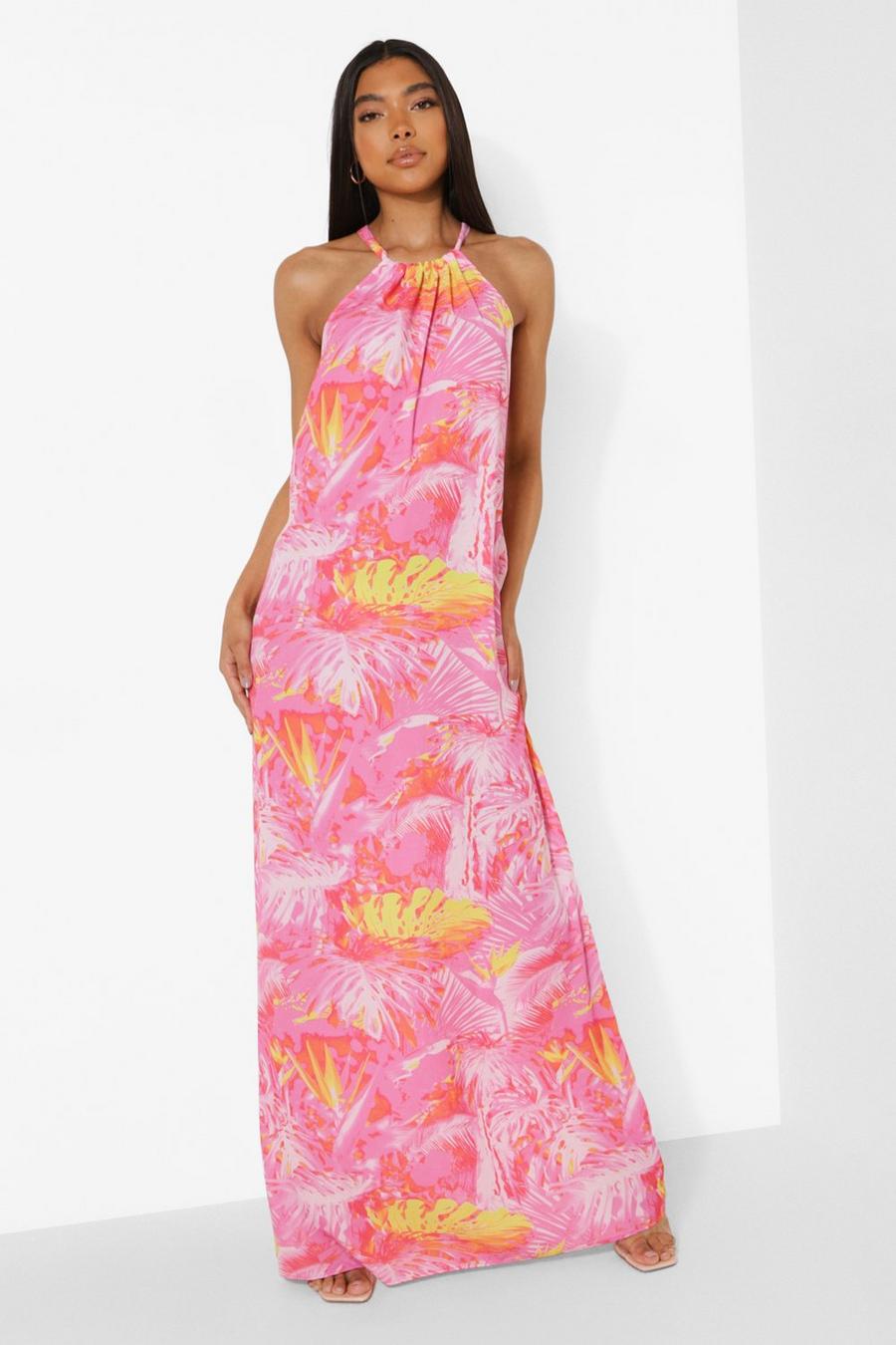 Hot pink Tall Tropical Halter Woven Maxi Dress image number 1