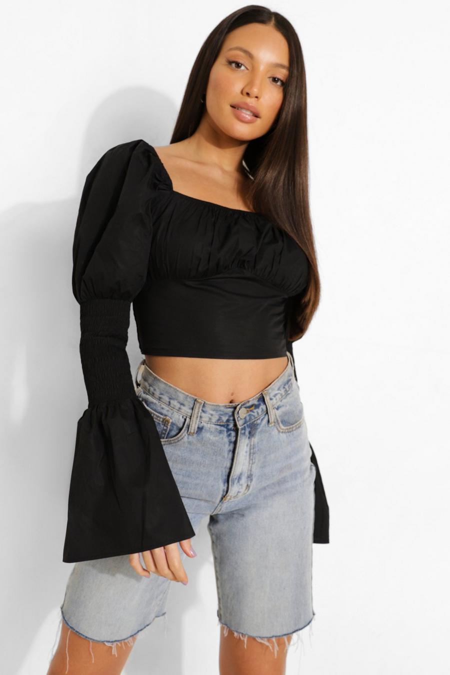 Black Tall Cotton Peasant Flare Sleeve Crop Top image number 1