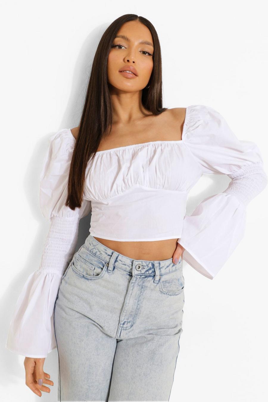 White Tall Cotton Peasant Flare Sleeve Crop Top image number 1
