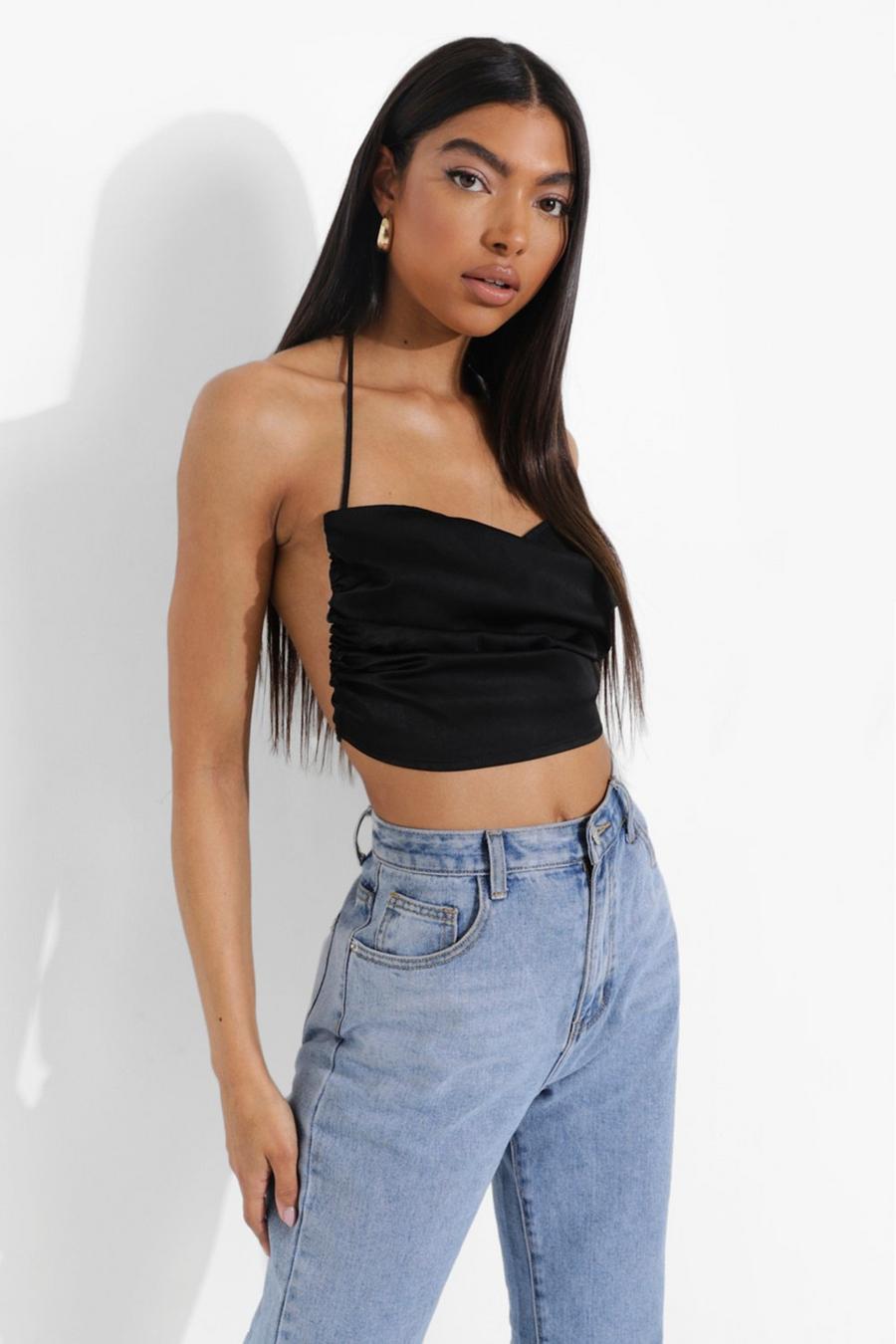 Black Tall Satin Ruched Side Cowl Crop Top image number 1