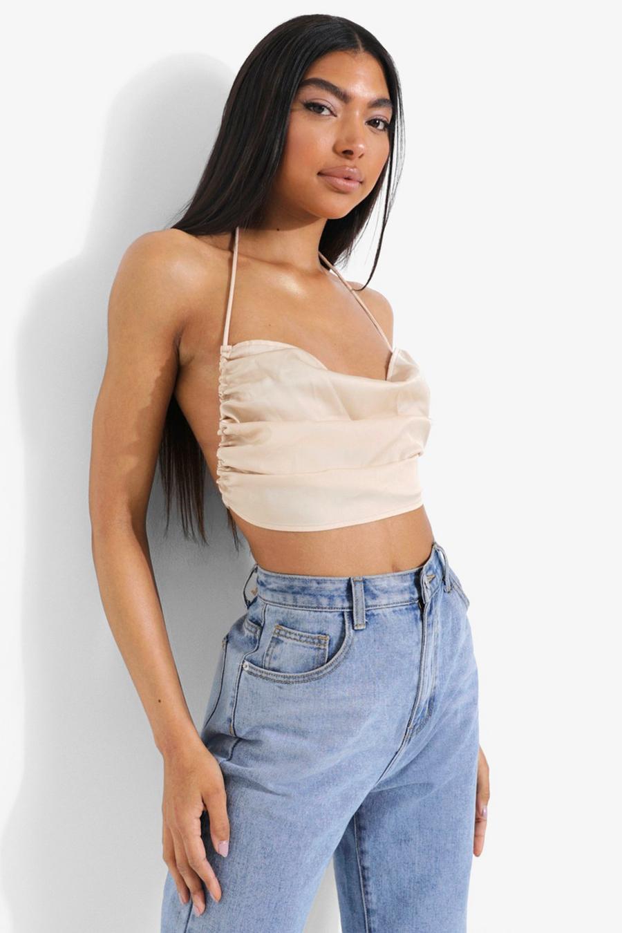Ecru Tall Satin Ruched Side Cowl Crop Top image number 1